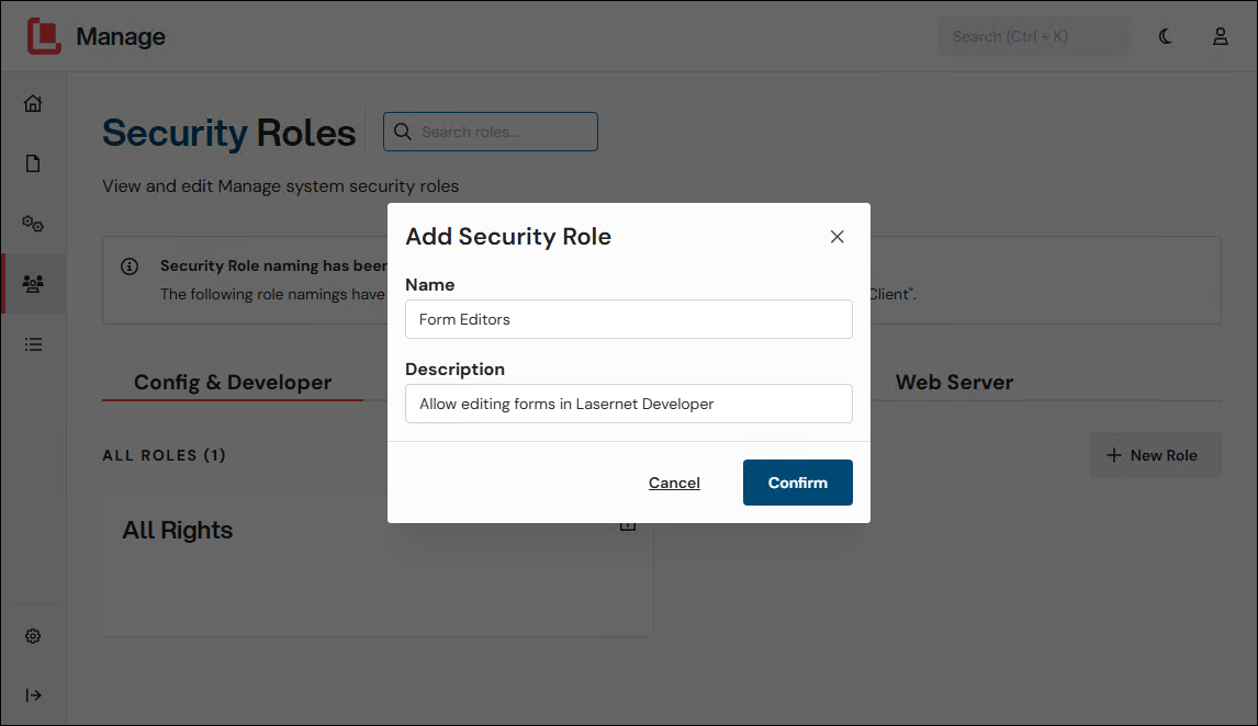 The Add Security Role window with a Name and Description entered in it.